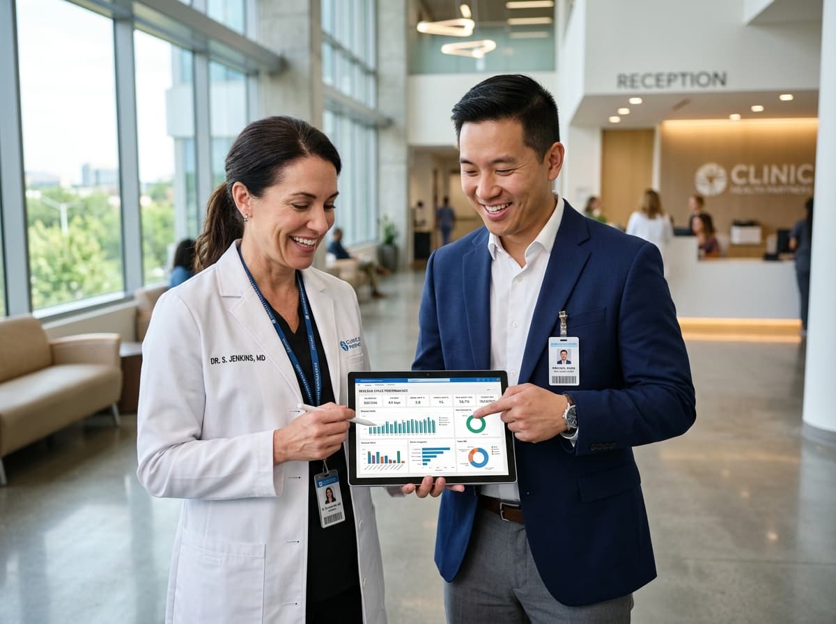 Doctor and business consultant reviewing medical practice performance