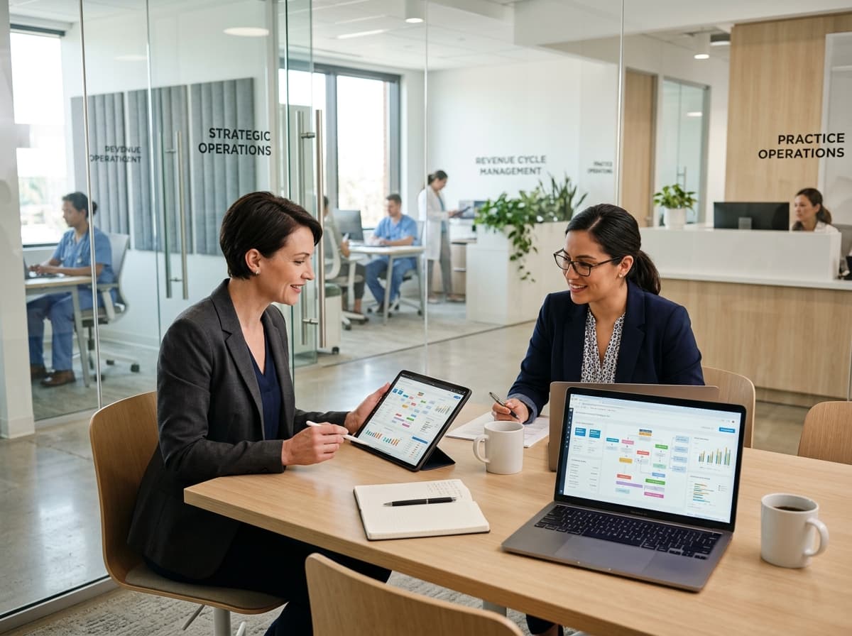 UR RCM revenue cycle consultant discussing financial workflow with medical practice manager in a modern healthcare corporate facility